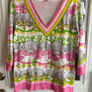 Playful Pink & Green V-Neck Top with Floral Stripes Seashells cotton 3/4 sleev
